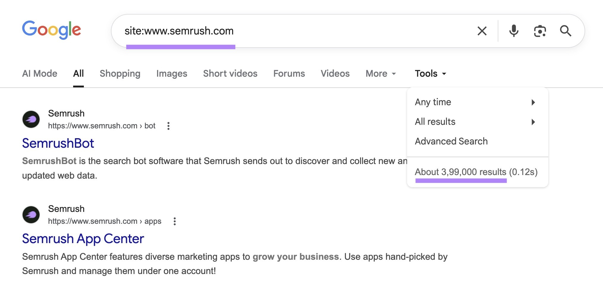 Google shows about 3,99,000 results for “site:srush.toolspur.com” search.