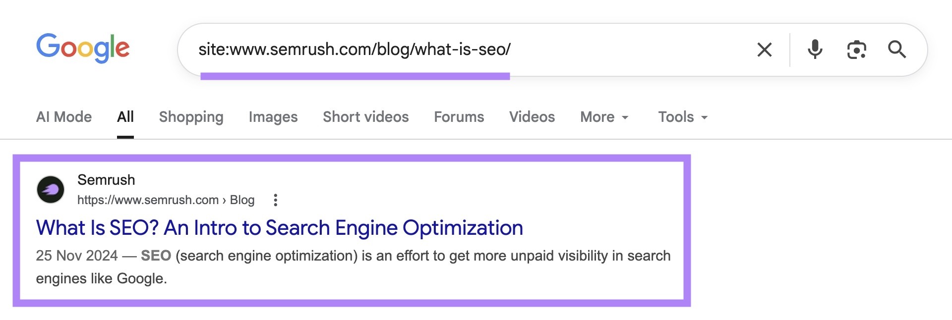 SERP for “site:srush.toolspur.com/blog/what-is-seo/” with the top result highlighted.